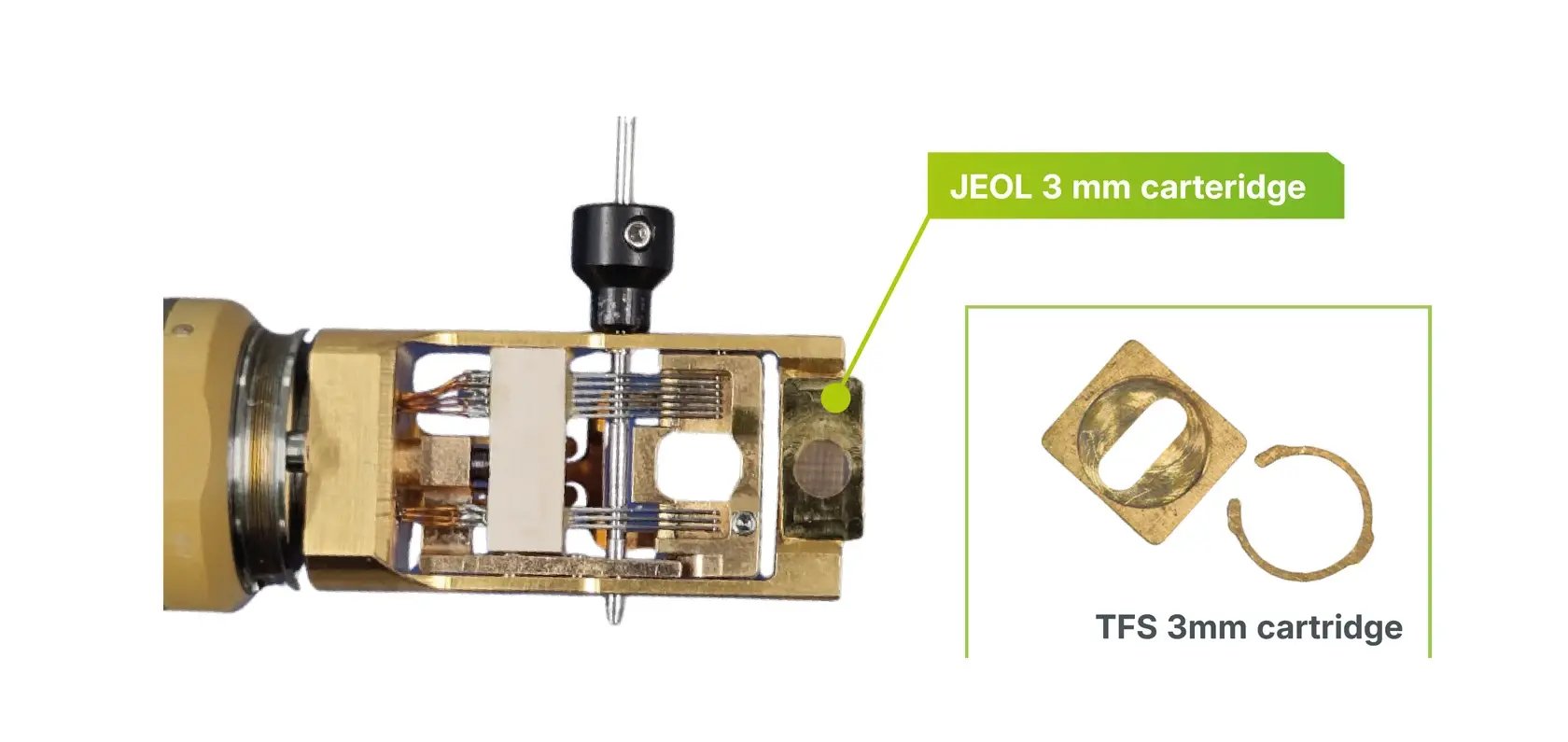 The Lightning Arctic cartridge holding a 3 mm grid, beside JEOL and Thermo Fisher Scientific cartridges