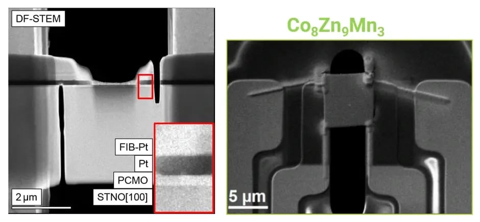 DF-STEM image of a Pt/PCMO/STNO FIB lamella beside an SEM image of a Co8Zn9Mn3 lamella on a Heating and Biasing chip