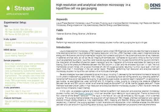 High resolution and analytical electron microscopy in a liquid flow cell via gas purging