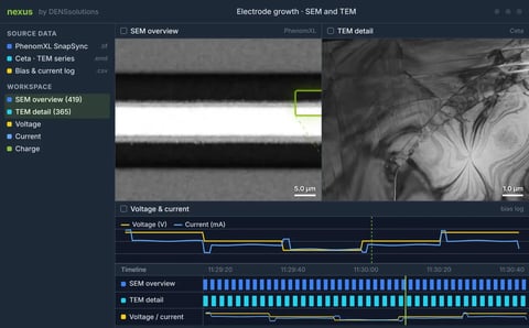 Two imaging panels docked side by side in Nexus, above a shared timeline