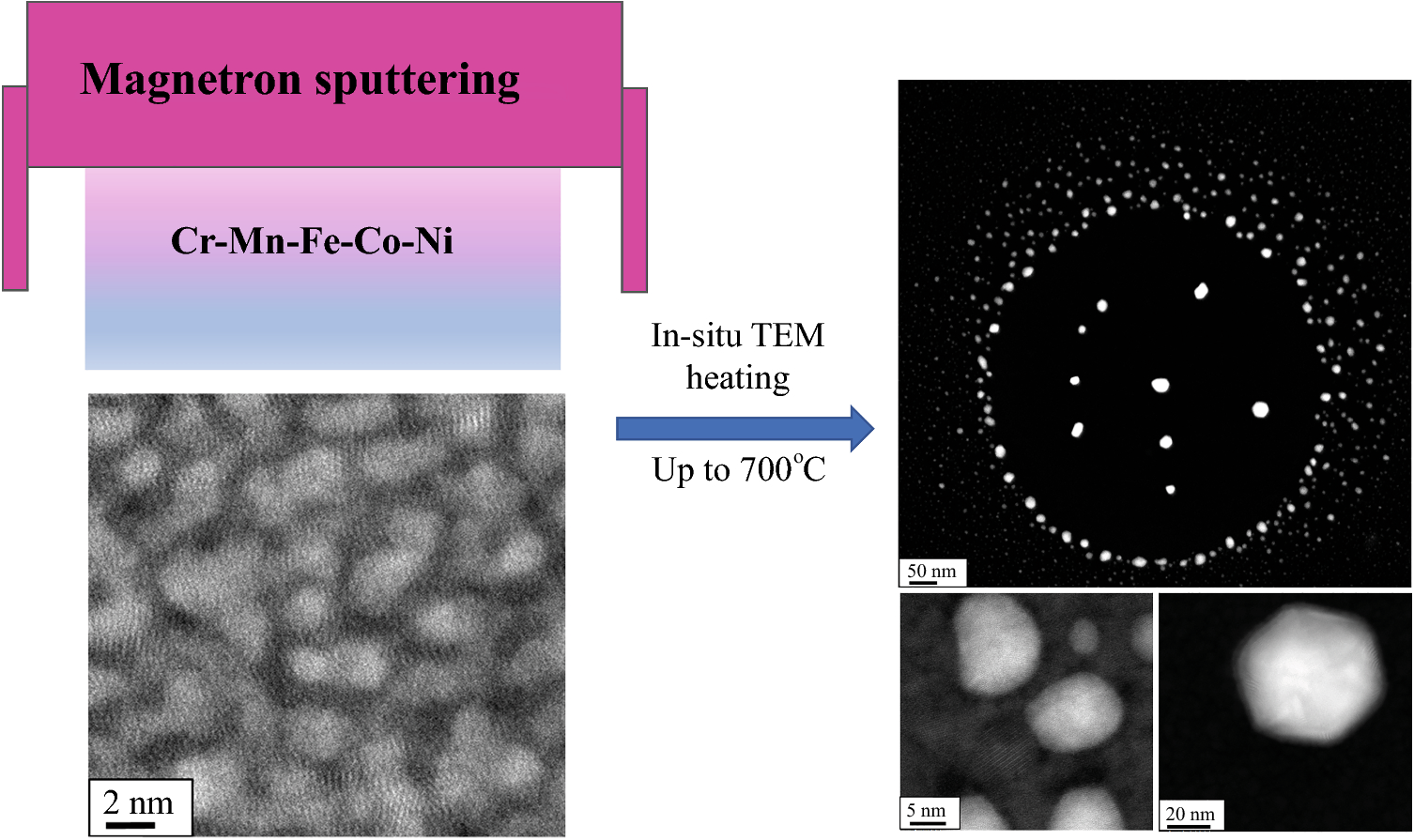 Exploring stability of a nanoscale complex solid solution thin film by in situ heating transmission electron microscopy