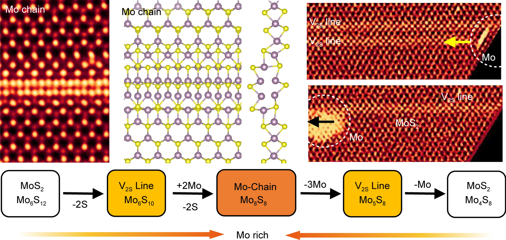 Mass transport induced structural evolution and healing of sulfur vacancy lines and Mo chain in monolayer MoS2